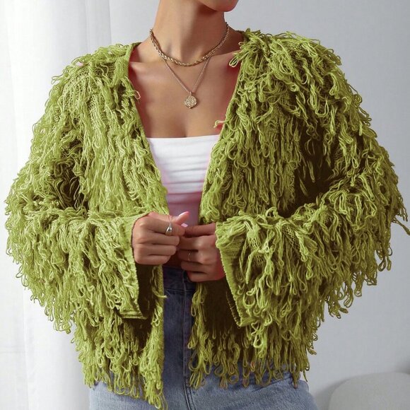 Olive Green Casual Women's Open Front fringe knit sweater Cardigan - Picture 4 of 7